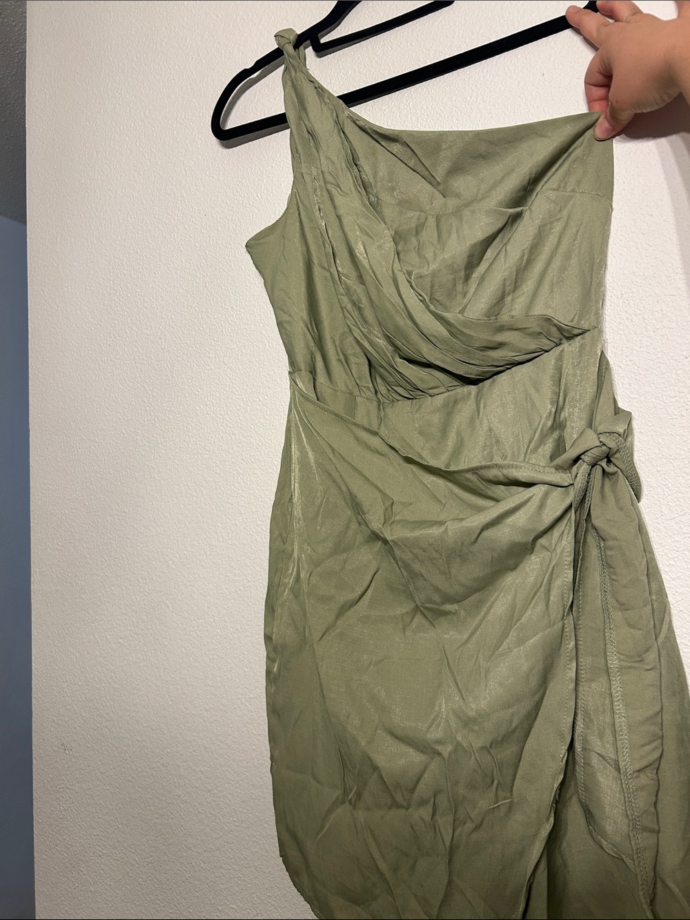 SHEIN Olive One-Shoulder Wrap Tie Dress